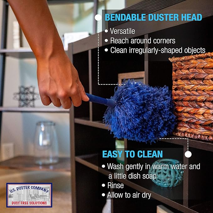 Blue Extension Rod Ceiling Duster with 18-20 feet Reach 3-Stage Aluminum Telescoping Pole - Cathedral, Cobweb, Microfiber, Ceilings Fan Duster Includes 2 Hand Dusting Kit