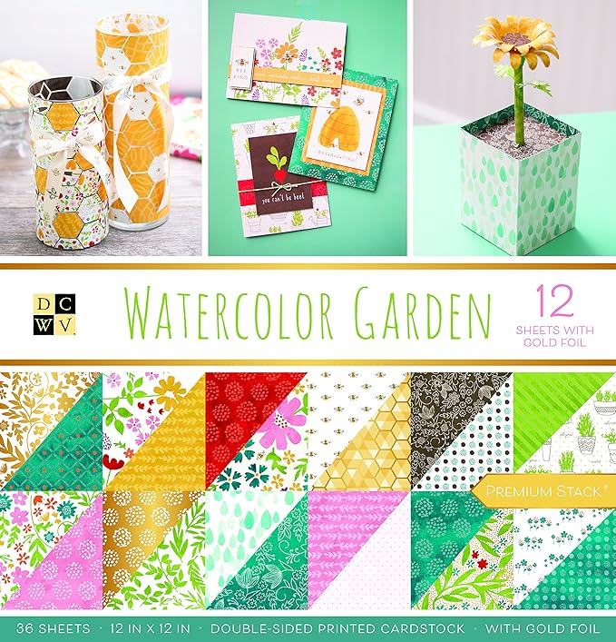 DCWV Printed Cardstock Paper 12x12, 36 Sheets of Scrapbook Paper for Crafts and Card Making, Double Sided Heavy Duty Cardstock with Foil Accents - Watercolor Garden