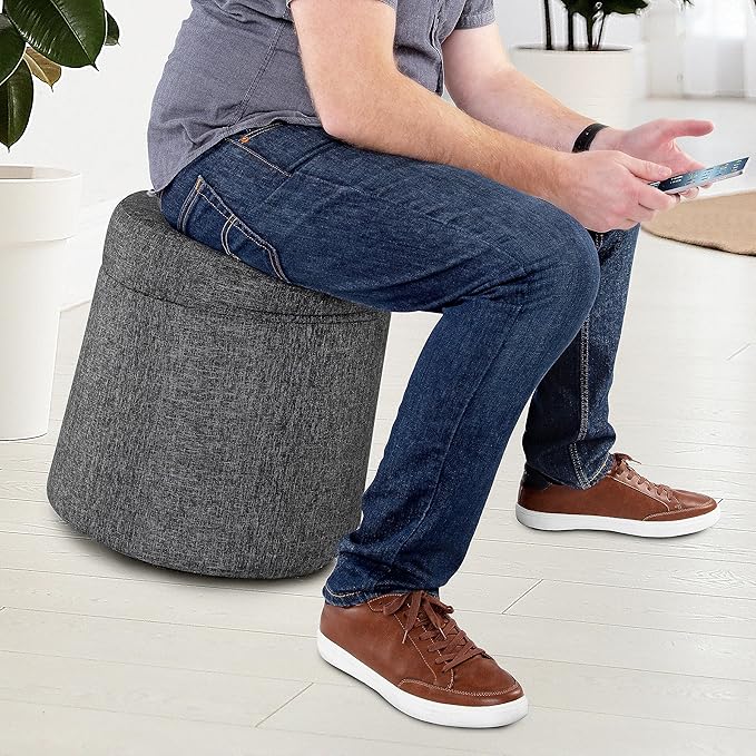 Seville Classics Cushioned Fabric Ottoman Hidden Storage Chest Footrest Chair, Padded Seat for Bedroom, Dorm, Loft, Living Room, Entryway, Hallway, Modern Gray, 15.6" Wobble