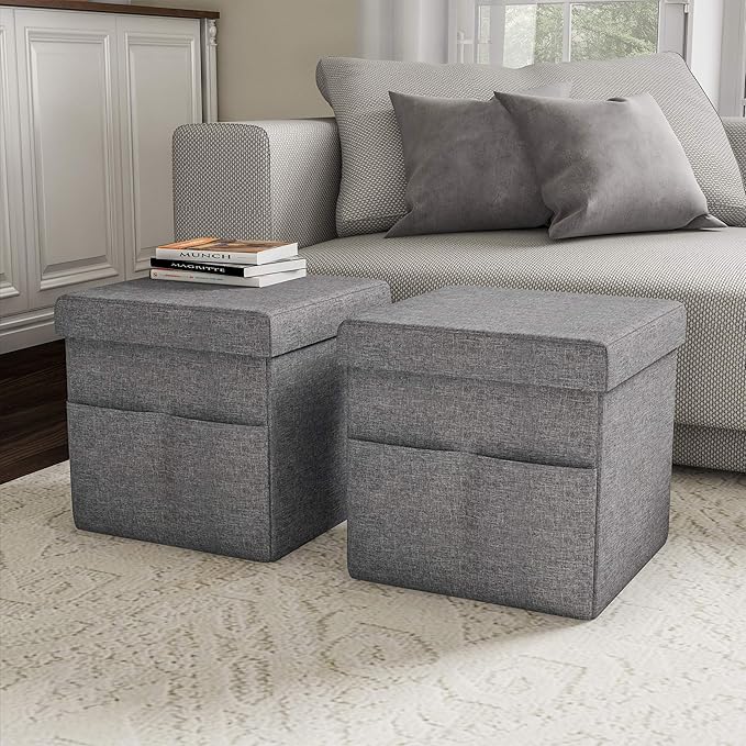 Set of 2 Ottomans with Storage Pockets - 15-Inch Folding Foot Rests or Storage Organizers for Bedroom, Living Room, or Dorm by Lavish Home (Gray)
