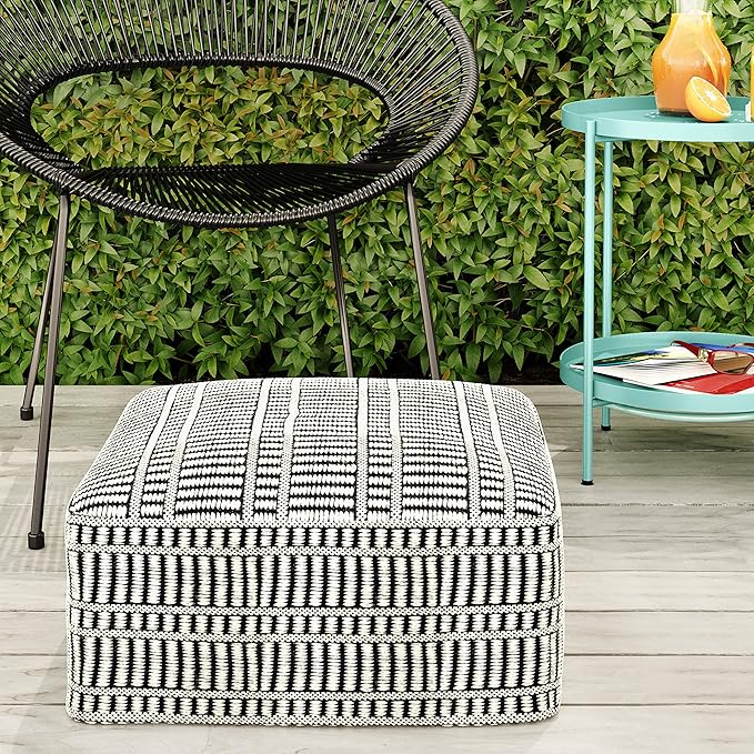 SIMPLIHOME Safford Square Pouf - 20 inch Wide Upholstered PET Polyester Ottoman in Black and White, Boho Indoor/Outdoor Footstool or Extra Seating for Living Room, Bedroom, or Patio, Assembled