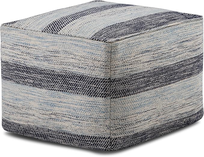 SIMPLIHOME Clay Square Pouf - 18 inch Wide Upholstered Cotton Ottoman in Patterned Blue Melange, Boho Footstool, Decorative Cube Pouf or Extra Seating for Living Room or Bedroom, Assembled