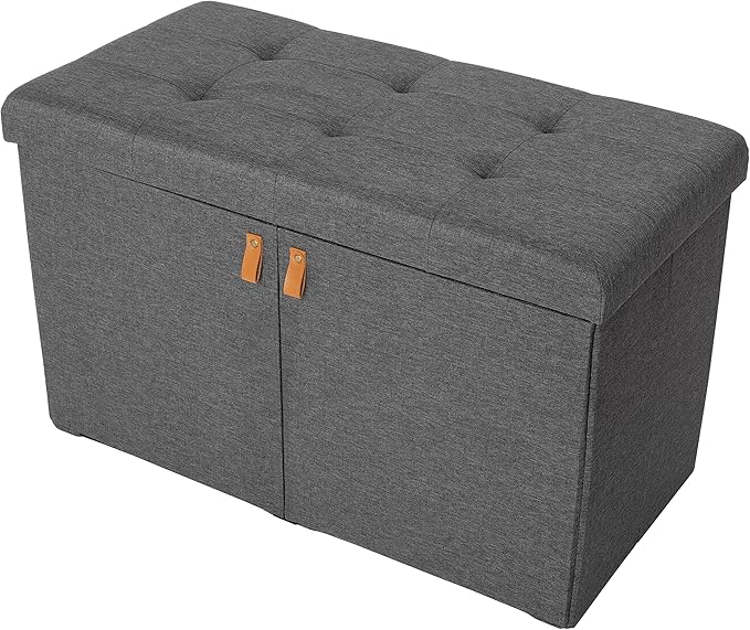 Seville Classics Cushioned Fabric Ottoman Hidden Storage Chest Footrest Chair, Padded Seat for Bedroom, Dorm, Loft, Living Room, Entryway, Hallway, Modern Gray, 33" Shoe Bench w/ Door