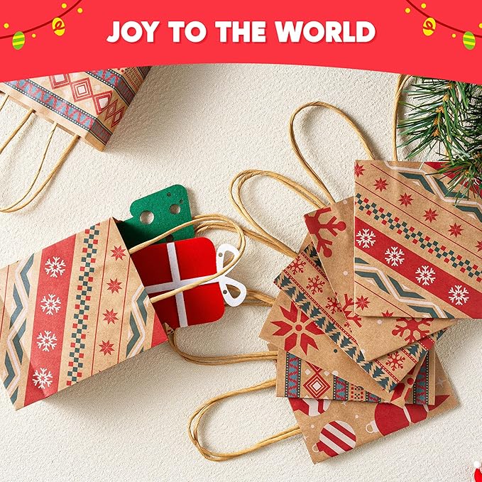 JOYIN 24 PCS Christmas Kraft Gift Bags with Handles, Reusable Xmas Paper Goody Wrap Craft Bags for Holiday Presents, Giant Gifts Decorations, Party Favors and Decor Supplies (5.25 x 4.25 x 2)