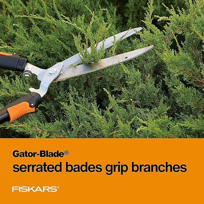 Fiskars Power-Lever Extendable Hedge Shears, Self-Sharpening Serrated Steel Blades for Clean Cuts, Handles Adjust 25"-33" for High Reach, Multiplies Leverage for 2x Power, 10" Blades, Orange/Black